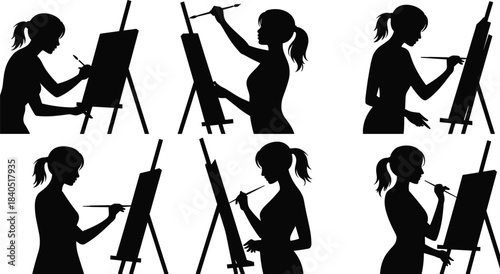 Painter silhouette collection, artist at easel, creative poses, black figure icons, painting action, art reference, expressive illustration set