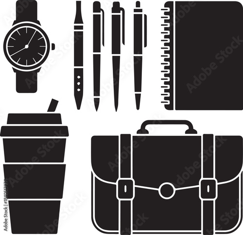 office work accessories icons briefcase planner watch notebook