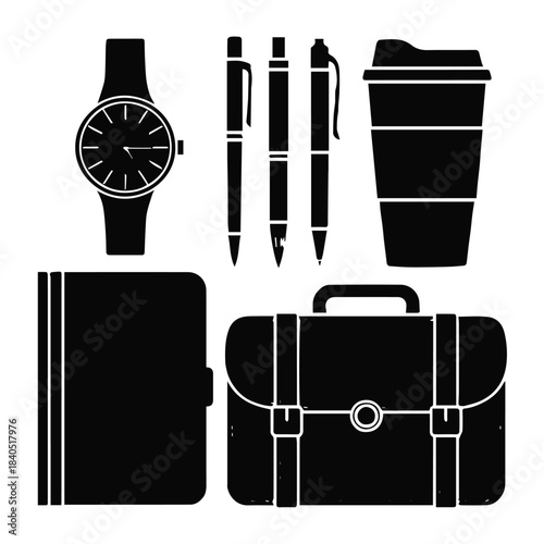 office stationery silhouette icons pen pencil marker watch