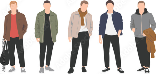 Casual male fashion illustration, modern outfit styles, streetwear icons, clothing reference, stylish men, layered looks, urban wear, apparel design