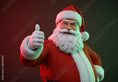 Cheerful 3D cartoon Santa Claus giving thumbs up, happy Christmas character showing approval gesture, festive holiday vibe, high quality 3D illustration render.