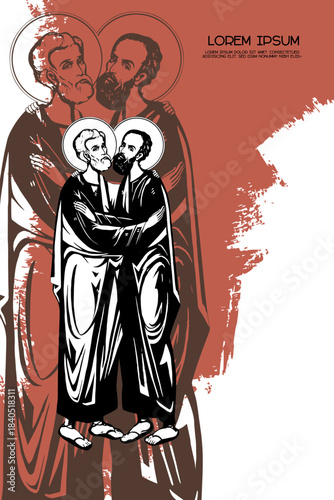 Religious vintage poster template with Saints Peter and Paul. Christian illustration in Byzantine style