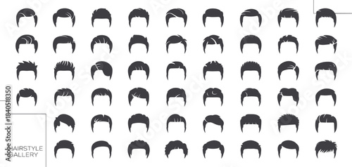 Male hairstyle silhouette collection, modern haircut icons, barber reference chart, black haircuts, trendy styles, grooming guide, fashion illustration set