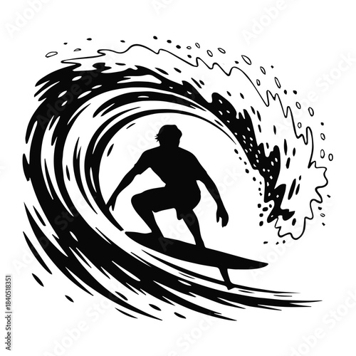 surfer carving through ocean wave dynamic line art vector