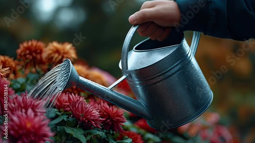 Watering flowers hand holding metal watering can gardening concept