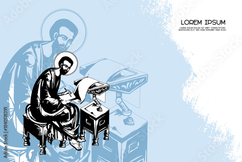 Religious vintage poster template with Mark the Apostle. Christian illustration in Byzantine style