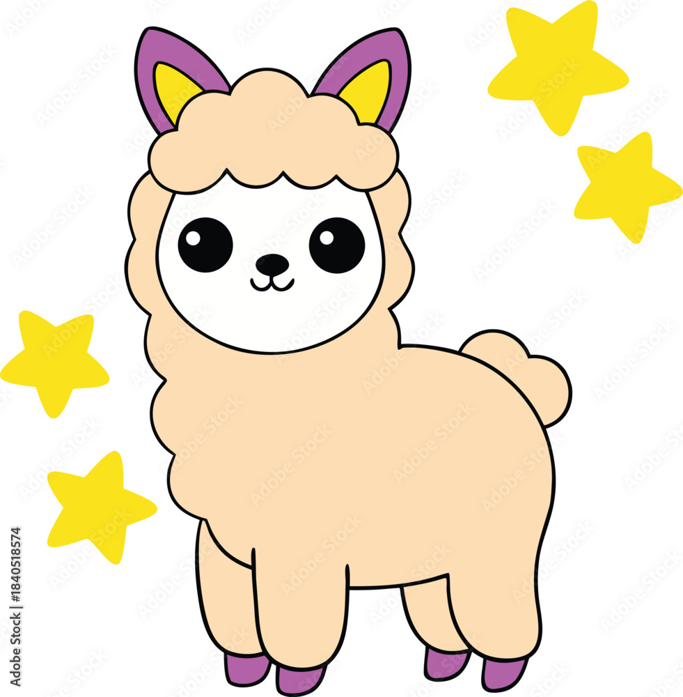 Fototapeta premium Cute cartoon llama with playful stars in charming friendly artwork Vector illustration