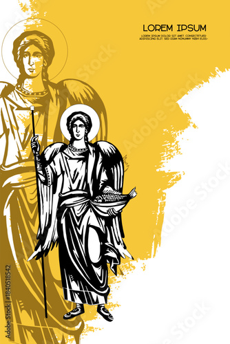 Religious vintage poster template with Archangel Raphael. Christian illustration in Byzantine style