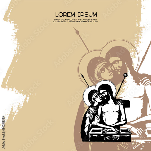 Religious vintage poster template with Jesus Christ King of Glory. Christian illustration in Byzantine style