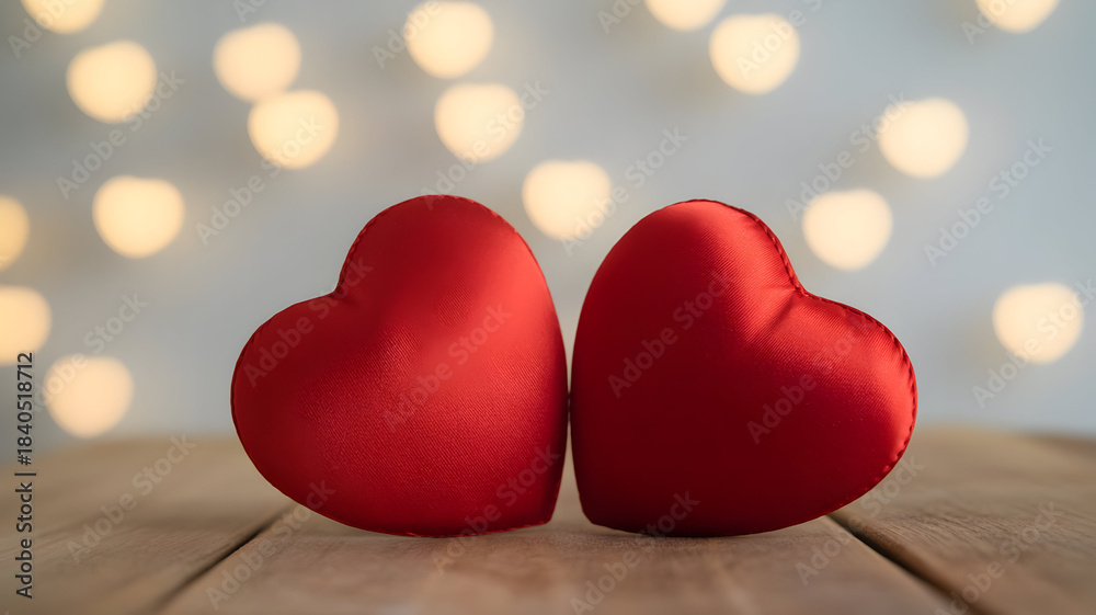 Fototapeta premium Two red heart shaped plushies resting on a wooden surface with blurred lights