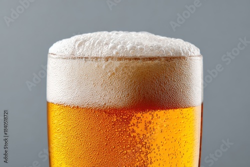 Golden beer in a glass with foamy head and bubbles rising, showcasing condensation drops on inner surface against a soft neutral background for beverage-themed imagery