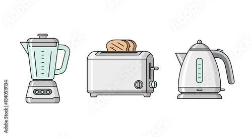 Kitchen Appliances - Blender, Toaster with Toast, and Electric Kettle, all in a clean, minimalist style.