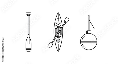 Kayak, Paddle, and Buoy - Essential Water Sports Equipment Line Art.
