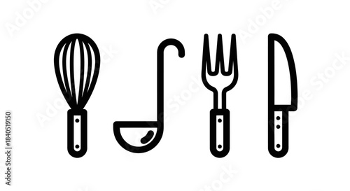 Kitchen Utensils - Whisk, Ladle, Fork, and Knife Line Art.