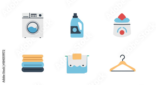 Laundry Icons - Washing Machine, Detergent, Clothes, Basket, Hanger, and Fabric Softener.