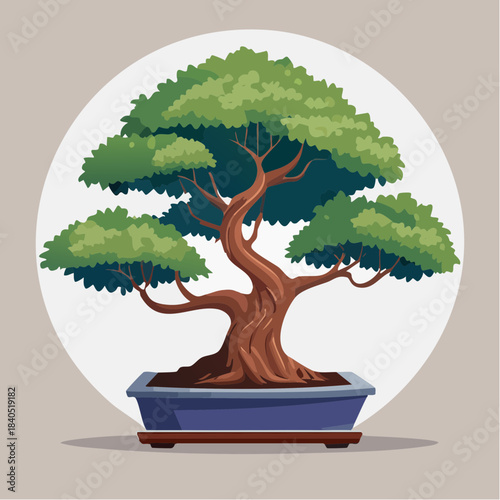 Bonsai tree with green leaves in a blue pot against a white circle.