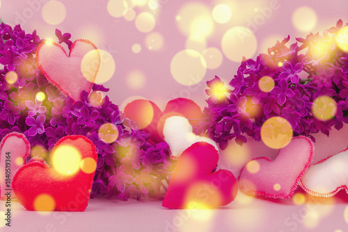 Cute greeting card for Valentine's or Mothers Day. Handmade felt hearts and lilac flowers