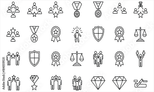 Modern outline vector icon set symbolizing success, achievement, recognition, quality, teamwork, and justice for business and values