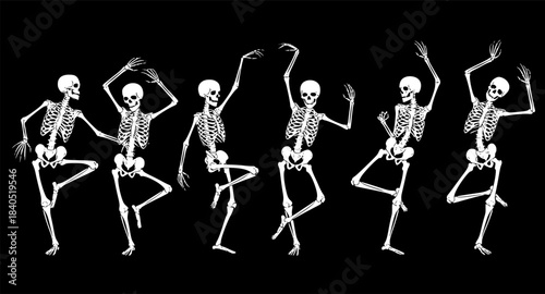 Dancing Human bones skeletons. Different skeleton poses set isolated on black dark background vector illustration. 