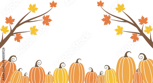Autumn Pumpkin Frame with Falling Leaves on White Background