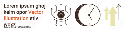 Technology, progress, innovation, time management, vision, upward growth. Eye with circuit lines, clock and arrows pointing upwards. Technology and progress symbolism with futuristic implications