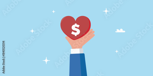 A hand presenting a red heart with a dollar sign inside