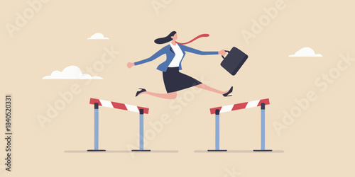 Businesswoman confidently jumps over hurdles symbolizing overcoming challenges in a career