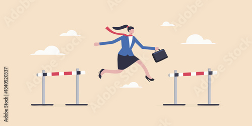 Businesswoman confidently leaps over hurdles symbolizing overcoming challenges in a career