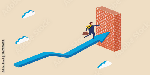Businessperson overcoming a brick wall obstacle with an upward trending arrow