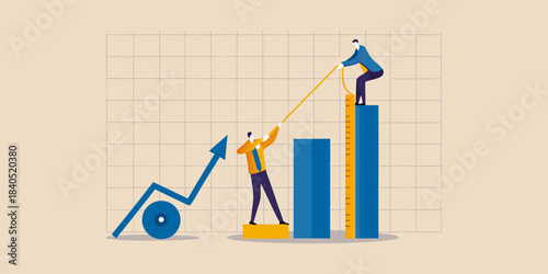 Business people collaborating to pull an upward trending graph and chart