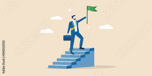 A businessman climbs stairs planting a flag at the summit of success