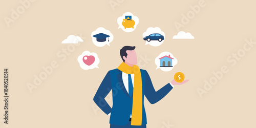 A man juggling icons representing life goals and financial priorities