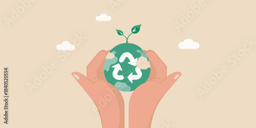 Hands cradling earth with recycling symbol emphasizing environmental protection