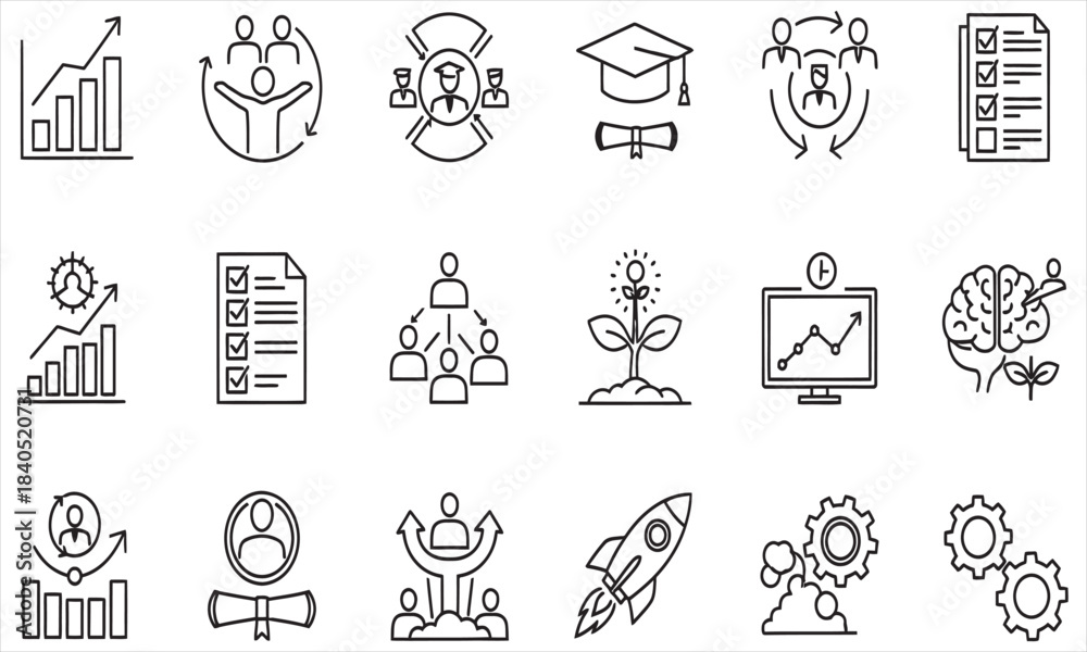 Obraz premium Educational Icons and Symbols: A collection of meticulously crafted icons and symbols representing learning, progress, and various aspects of academia.