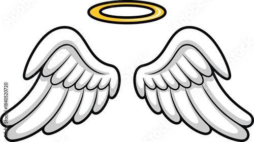 Angel wings with golden halo, white feathered wings illustration, heavenly spiritual symbol, cartoon angelic design, divine celestial artwork for decoration