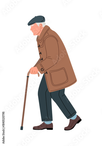 A clean minimalist illustration of an elderly man in a brown duffle coat walking with a cane side view,  isolated on transparent background