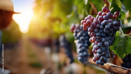 Close up of grape harvest with sunlight and human hands