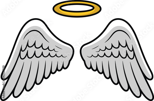 Angel wings with golden halo, white feathered wings illustration, heavenly spiritual symbol, cartoon angelic design, divine celestial artwork for decoration
