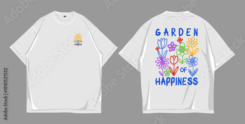 Colorful Hand-Drawn Flower Graphic “Garden of Happiness” T-Shirt Design white