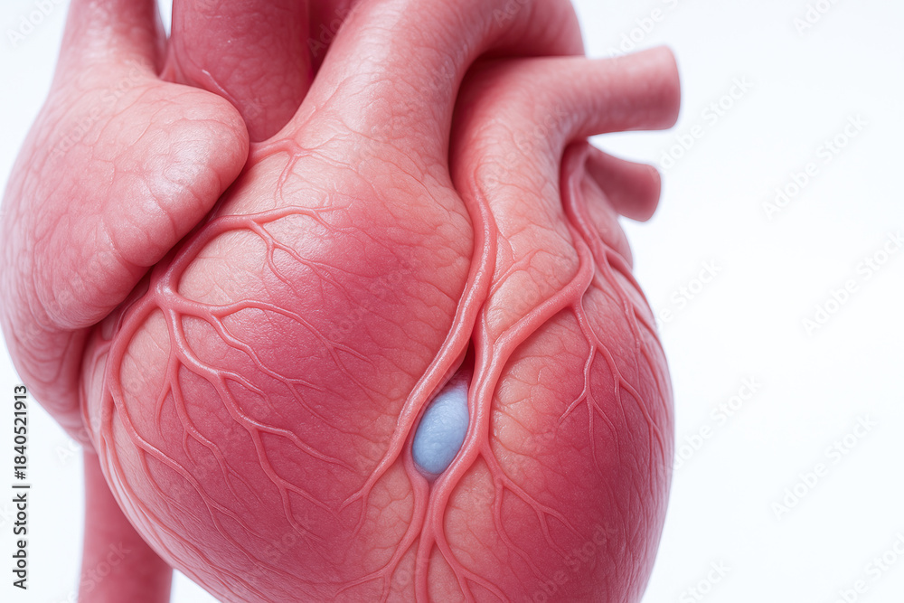 Fototapeta premium Artery care heart awareness coronary vessel anatomy medical illustration showing plaque buildup in realistic heart surface conveying concern for cardiovascular care and prevention