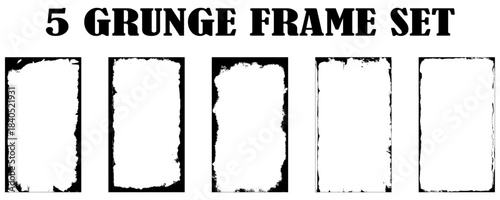 Collection of five grunge border frame. Black painted frame on white paper background 
