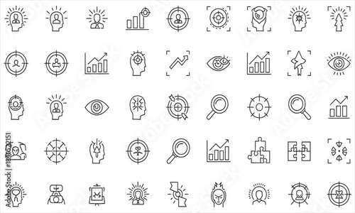 Icon Array: This image showcases a diverse array of minimalist icons, symbolizing concepts such as vision, strategy, analysis, focus, and progress.