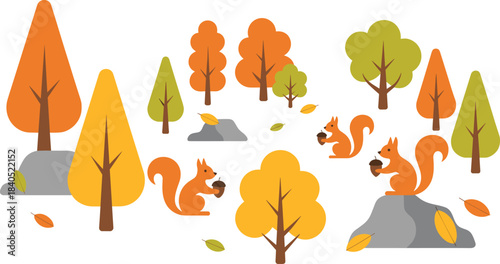 Autumn forest illustration with squirrels holding acorns, colorful fall trees, seasonal nature landscape, flat minimalist woodland vector art design