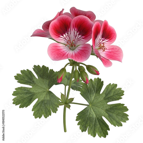 Vibrant pink geranium flowers with green leaves detailed close up botanical floral photography