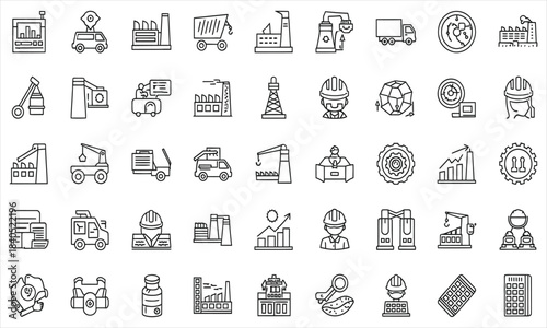 Industrial Icons Collection: A comprehensive set of intricate black and white icons that embody various facets of the industrial sector, portraying concepts of manufacturing, transportation.