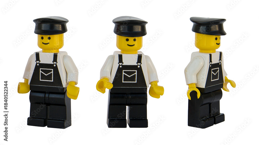 Fototapeta premium Figura de hombre cartero de LEGO oficial. Tres posturas. Imagen aislada