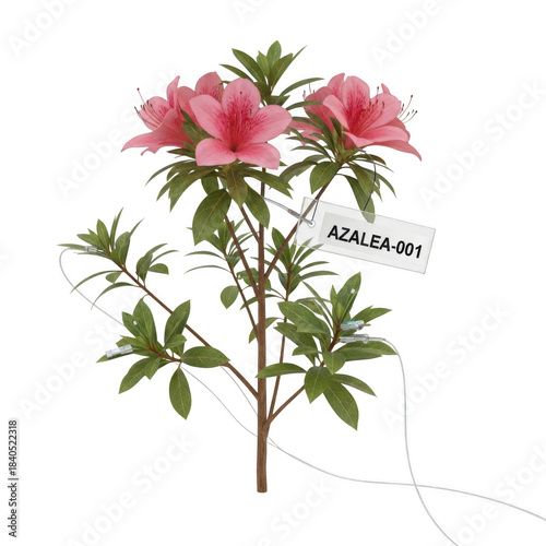 Vibrant pink azalea flowers bush plant with 'azalea 001' tag detailed close-up