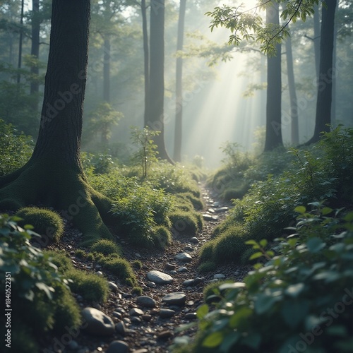 AI generated Peaceful trail surrounded by whispering trees and shining rocky surfaces