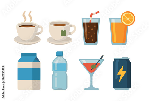 Variety of drinks, coffee, juice, cocktails, flat vector illustration