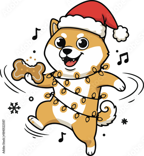 Vector illustration of a happy Shiba Inu dog dancing while wearing a Santa hat and wrapped in glowing Christmas lights, holding a bitten bone cookie surrounded by musical notes and snowflakes.